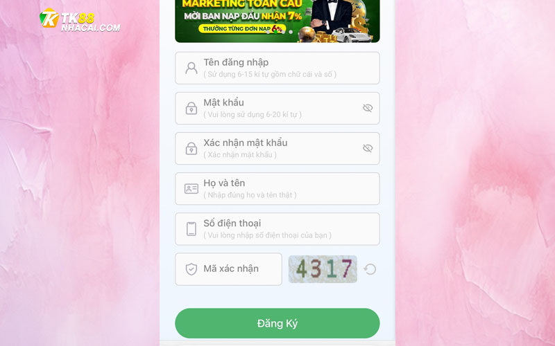 Đăng ký tài khoản Tk88 trên điện thoại