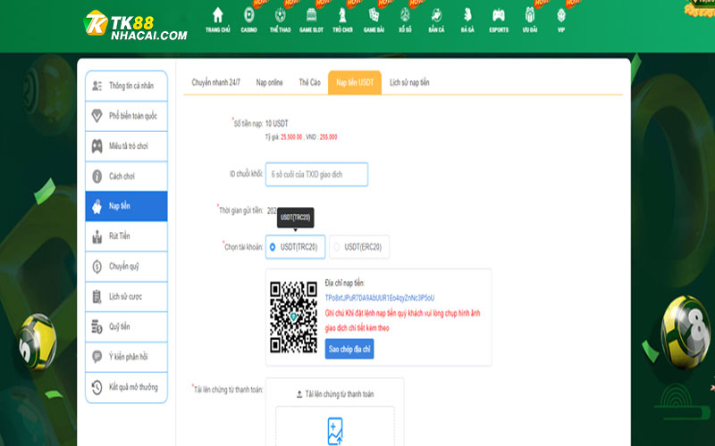 Nạp tiền TK88 nhanh qua hình thức USDT
