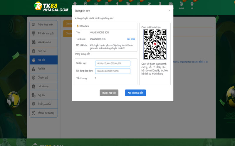 Nạp tiền TK88 nhanh chóng qua thẻ ngân hàng
